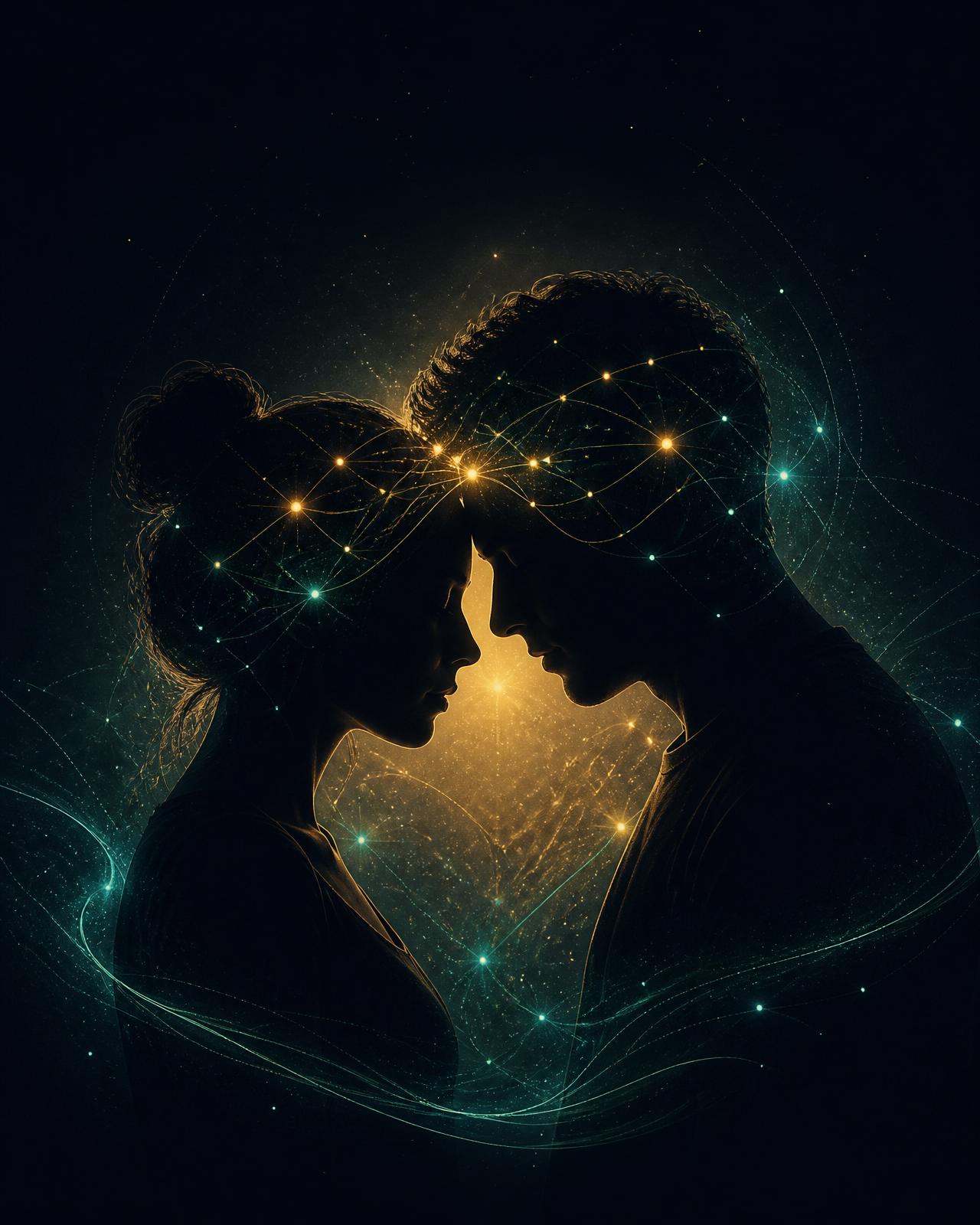 Two figures connected by a constellation of psychological insight — representing compatibility, attachment, and emotional intelligence